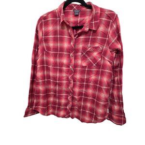 Eddie Bauer Women's Red Plaid Button-Up Long-Sleeve Shirt With Pocket Size L